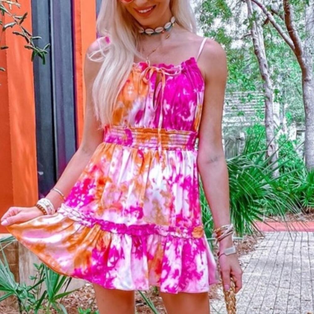 Tularosa Pink Tie Dye Ruffle Mini Dress SMALL Fresco Milkmaid Sundress Peasant